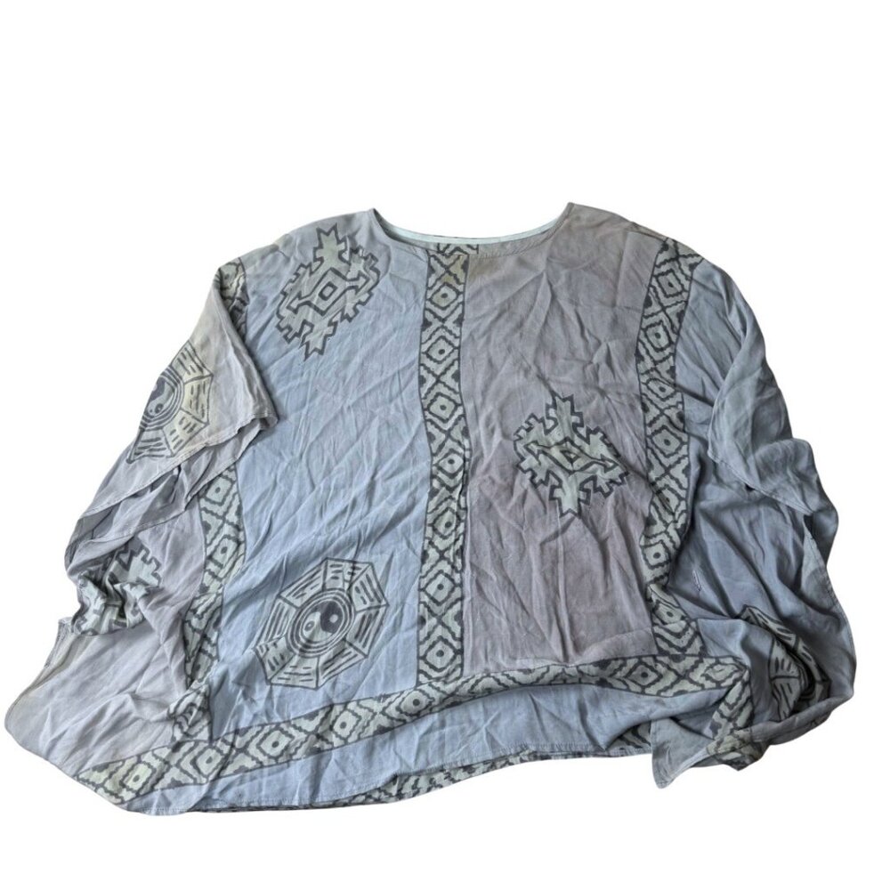 Vintage Handmade Blue Ying Yang Tunic Shirt Kaftan Oversized Hippie Lagen Flawed - Picture 10 of 12